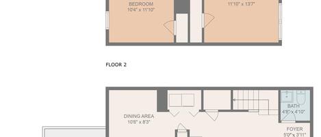 Un appartement sur deux niveaux comprenant une chambre, une chambre principale, un coin repas, une cuisine, un salon, un hall d’entrée et un balcon.