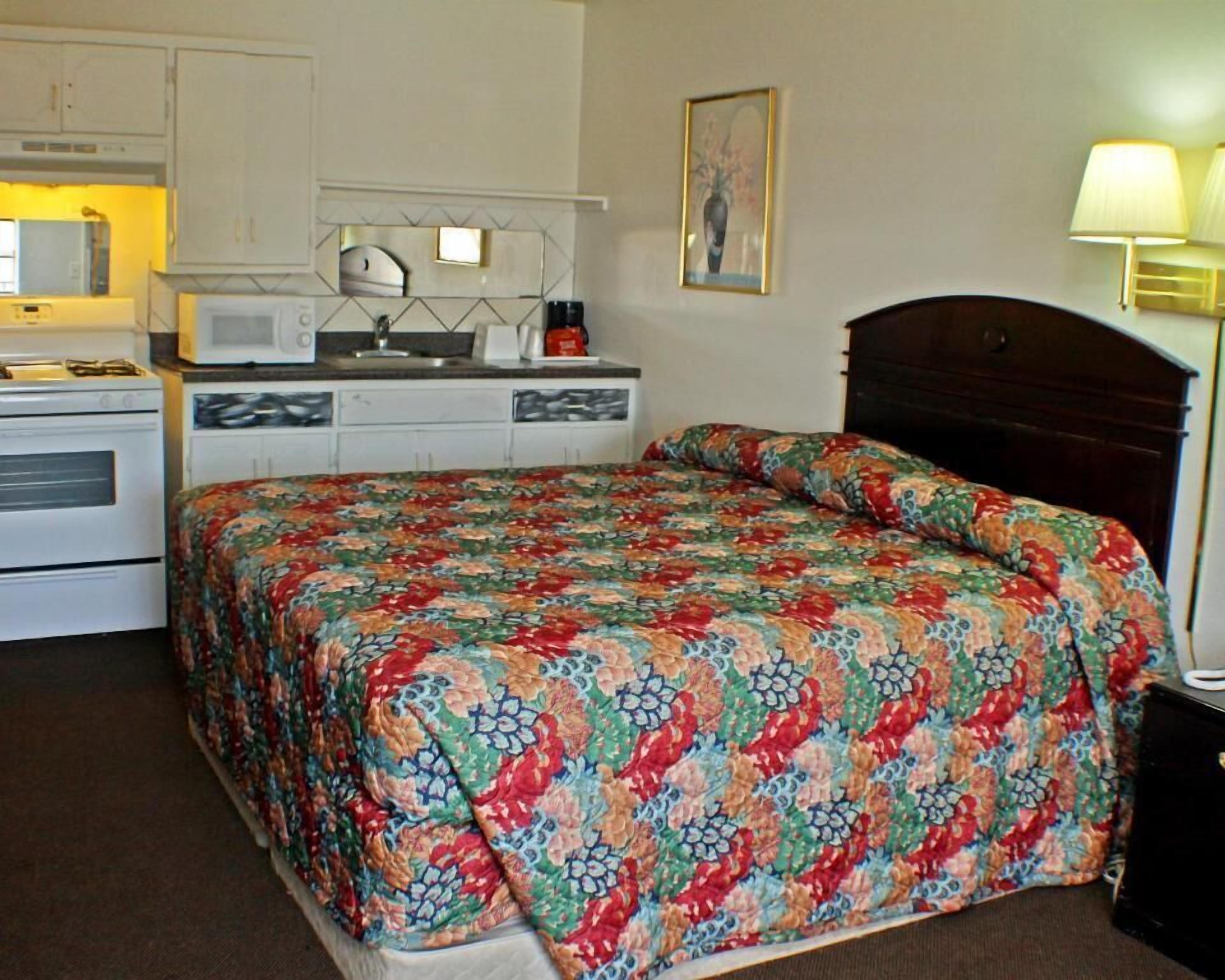 A hotel room with a bed, a dresser, a microwave, a stove, and a lamp.