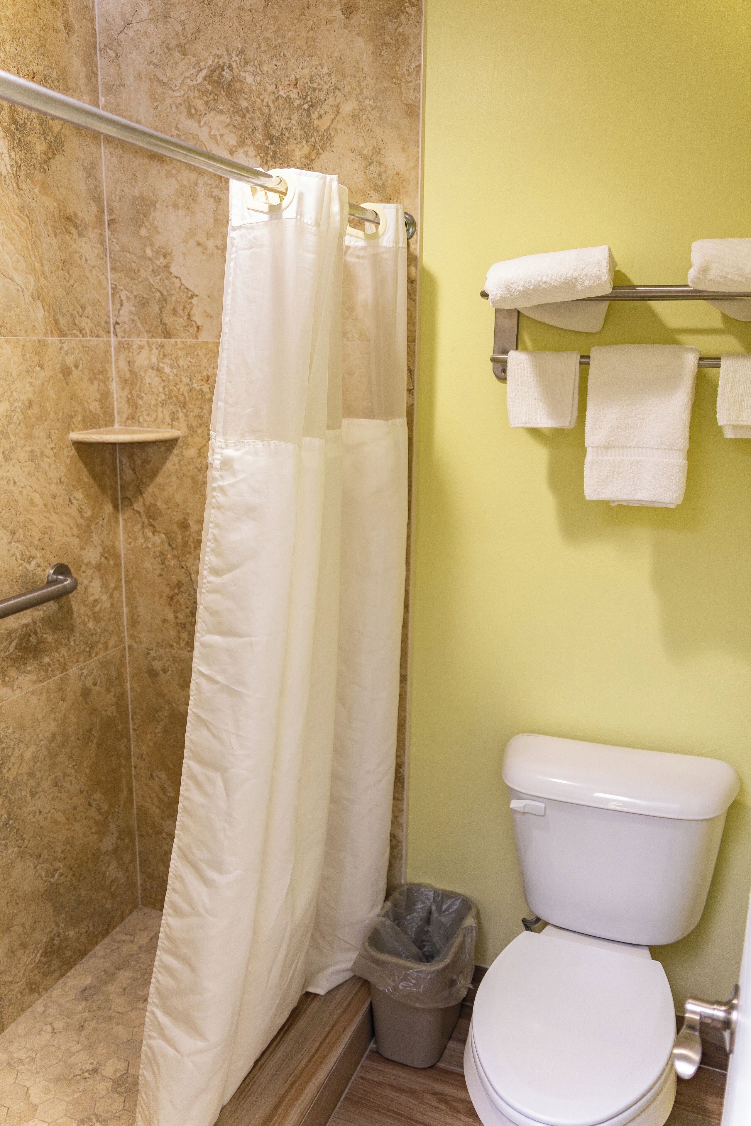 Ein Badezimmer mit Dusche, Toilette und Handtuchhalter.