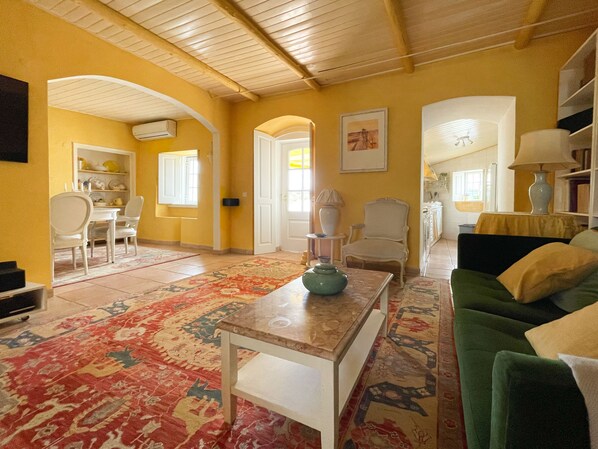 Smart TV, fireplace, DVD player, books