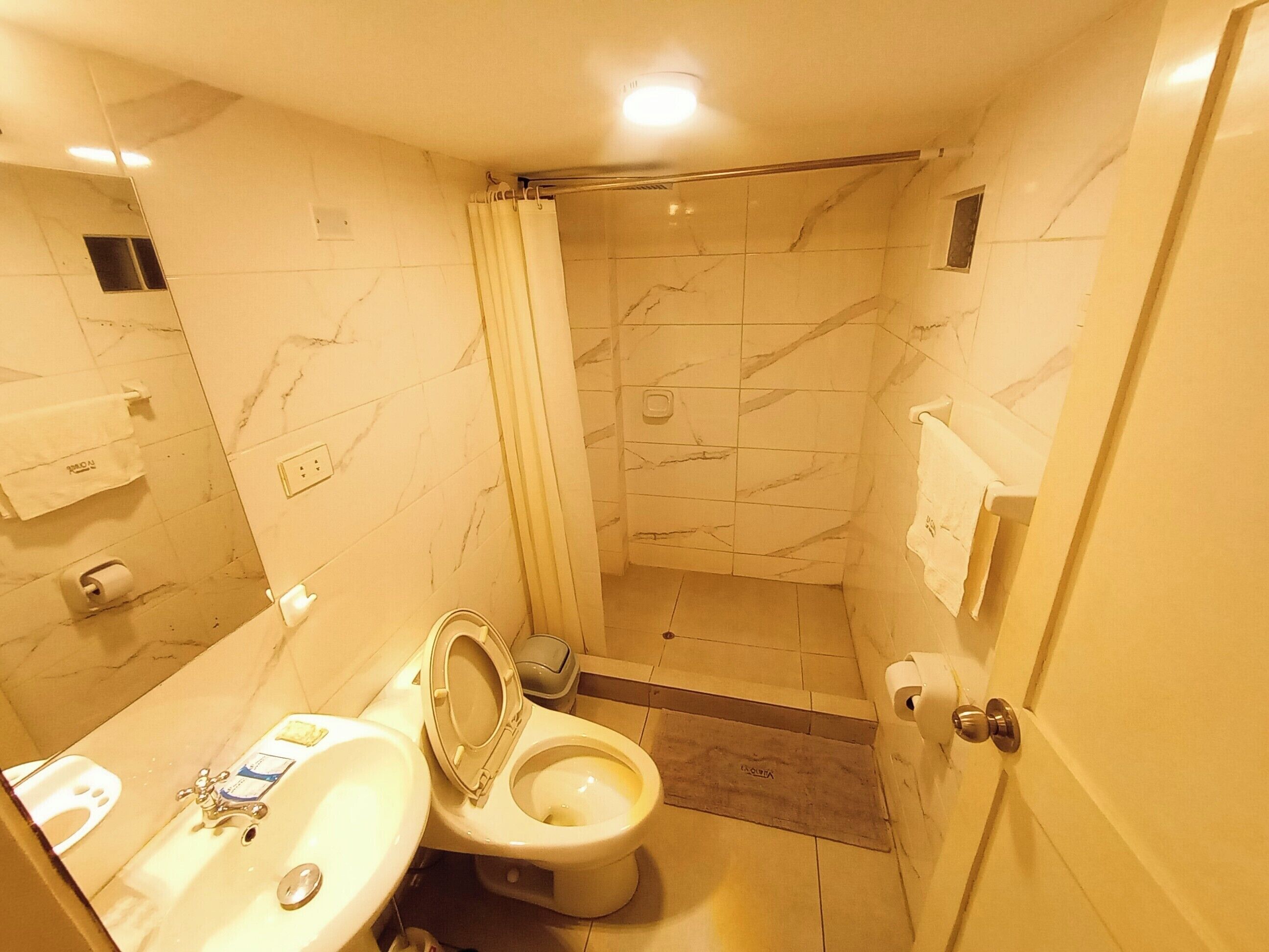A small bathroom with a toilet, sink, and shower.
