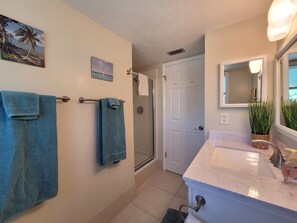 Shower, hair dryer, towels