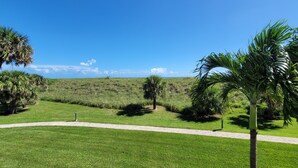 A well-maintained grassy area with a paved walkway, palm trees, and a clear view of the distant landscape. - CP 326 Ocean View Condo- Welcome to Paradise (Fort Pierce)