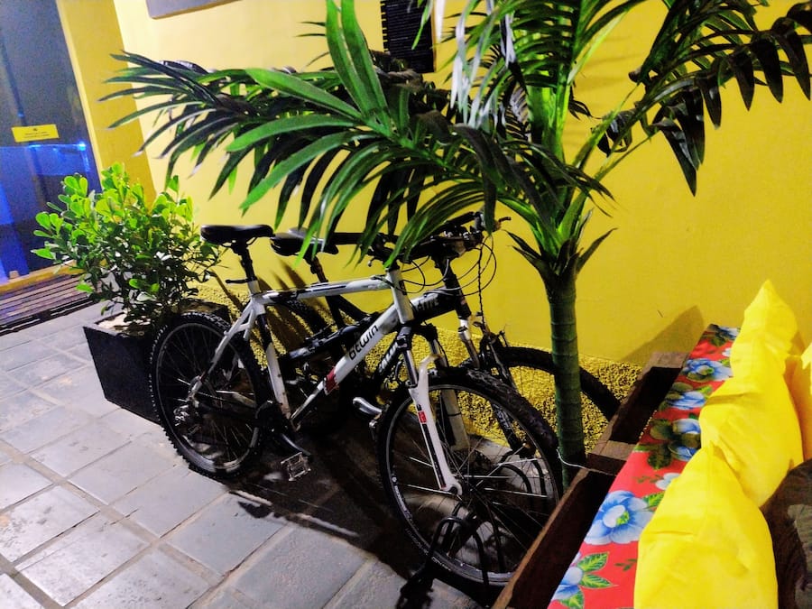Una bicicleta estacionada junto a una maceta, con una pared amarilla al fondo.