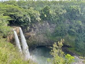 A waterfall cascading down a rocky cliff surrounded by lush greenery.