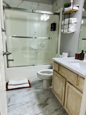 Jetted tub, hair dryer, bidet, towels