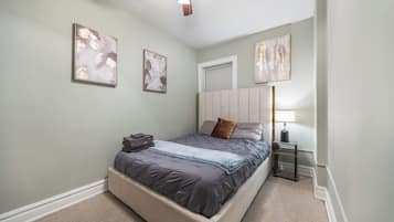 1 bedroom, desk, iron/ironing board, travel cot