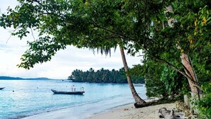 A beach with a boat on calm water, a sandy shore, and a tree. - Mentawai Balcony (Seberut Barat Daya)