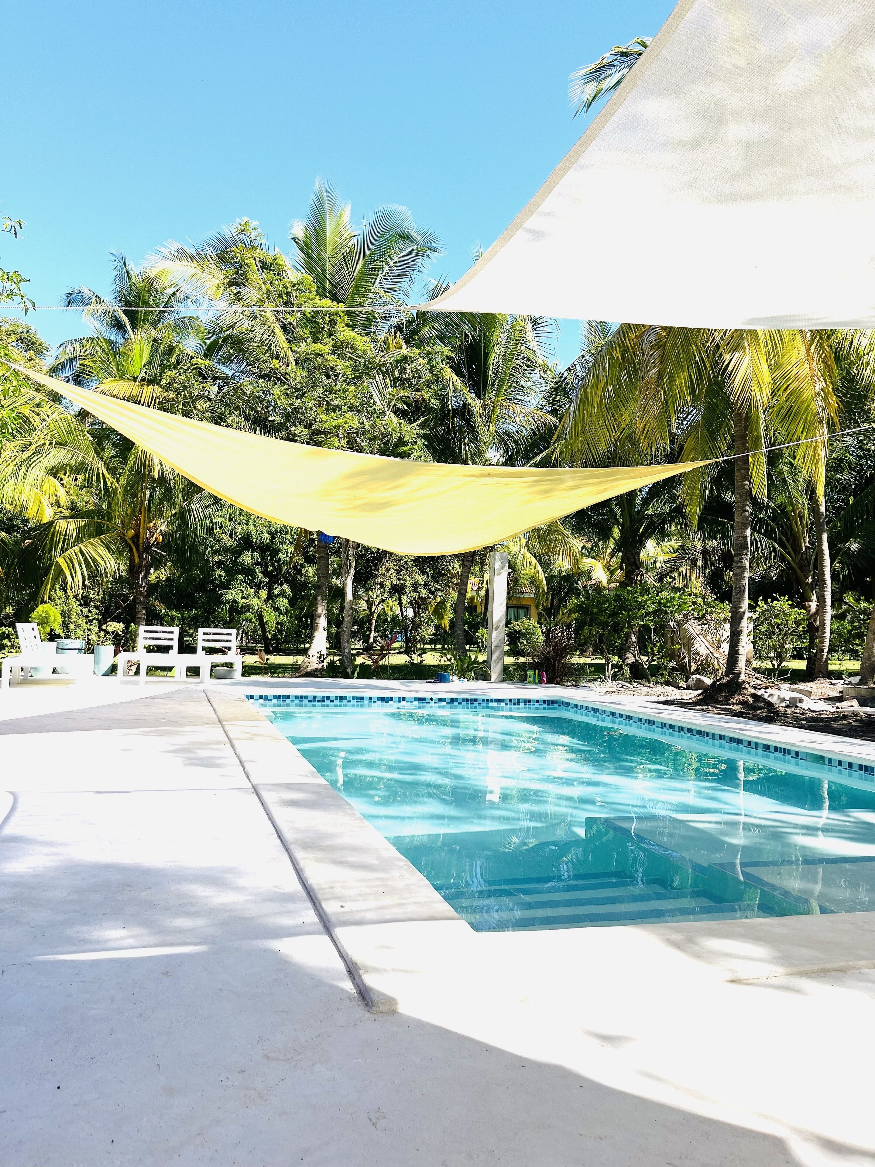 Ein Swimmingpool mit gelbem Sonnensegel, umgeben von Palmen und weißen Liegestühlen.