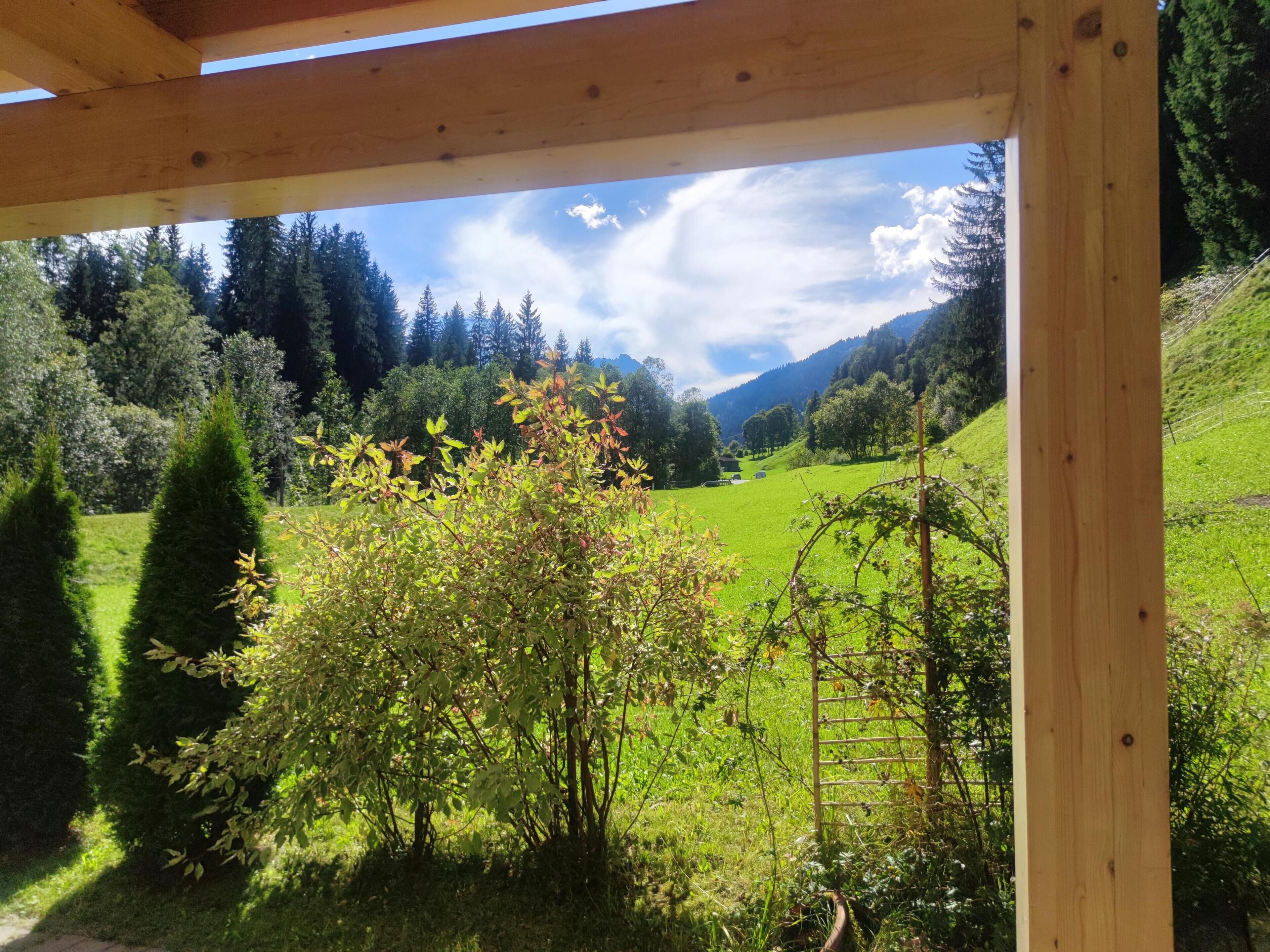 Une pergola en bois offrant une vue sur une vallée verdoyante, des arbres et des montagnes.