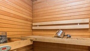 Een sauna met houten wanden en banken, een metalen bak en een digitale thermometer.