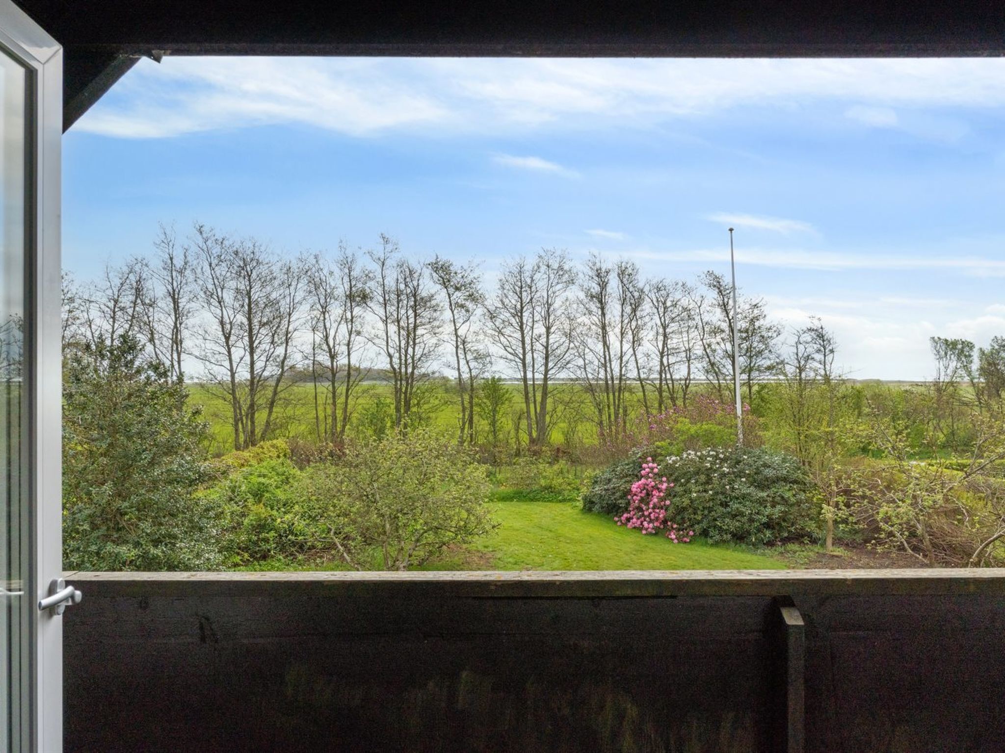 Blick von einem Balkon auf ein grünes Feld mit Bäumen und Sträuchern.