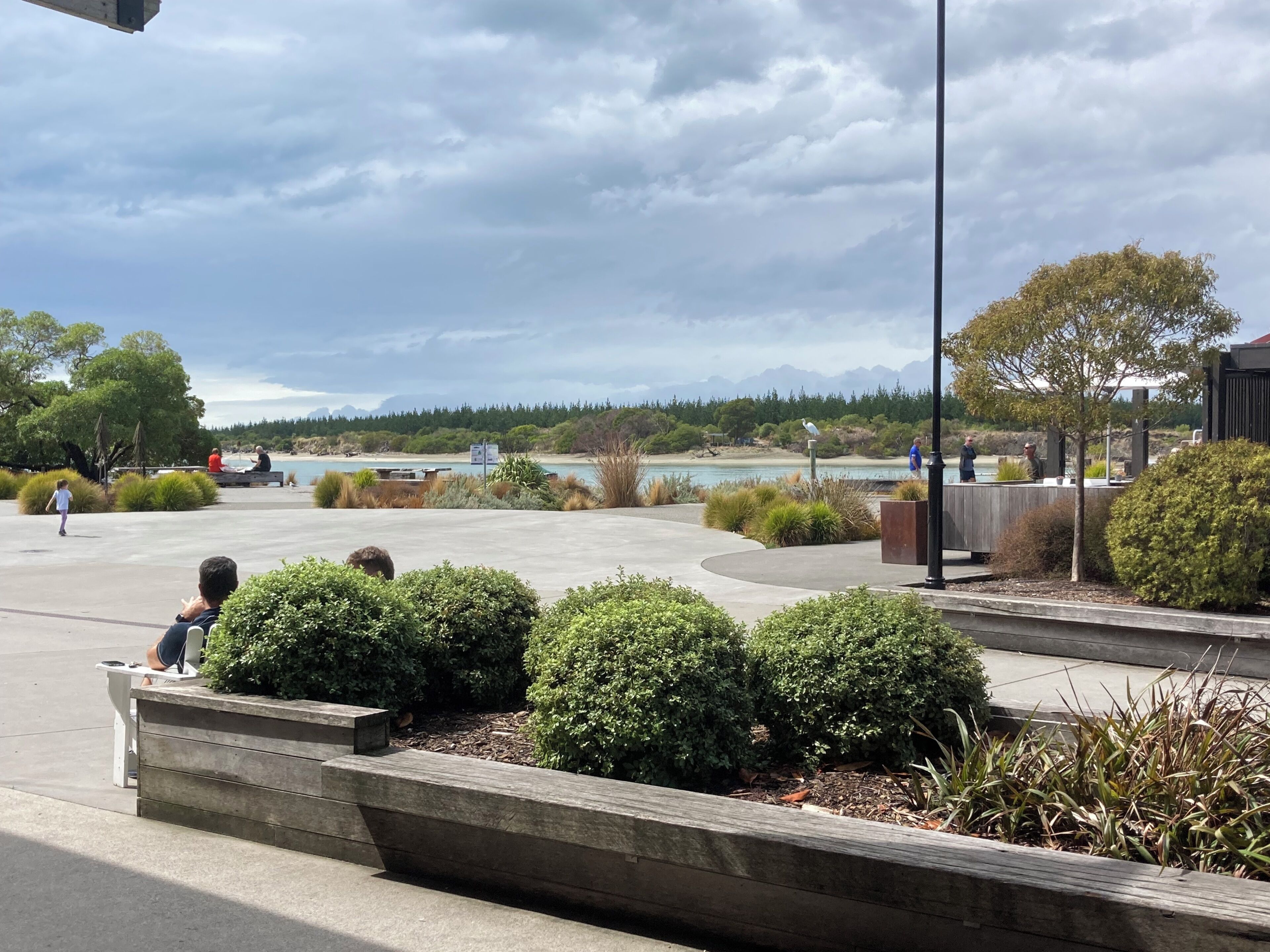 A park with a paved walkway, benches, and landscaped areas with shrubs and trees.