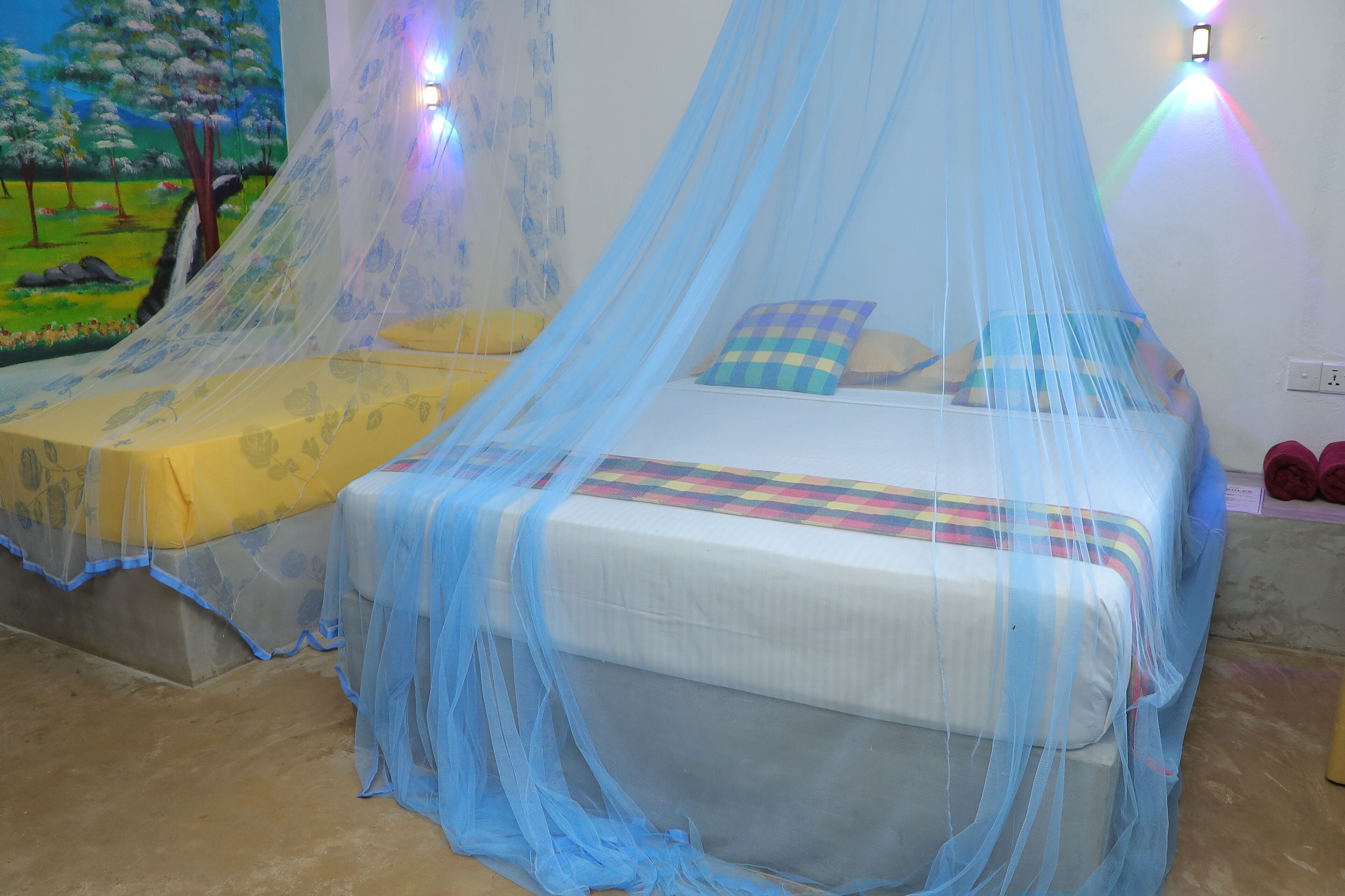 Una habitación con dos camas cubiertas por mosquiteros azules, un mural con un paisaje en la pared y un enchufe en la pared.