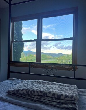Una habitación con una cama, una ventana con vistas a zonas verdes y colinas, y un cabecero de metal.