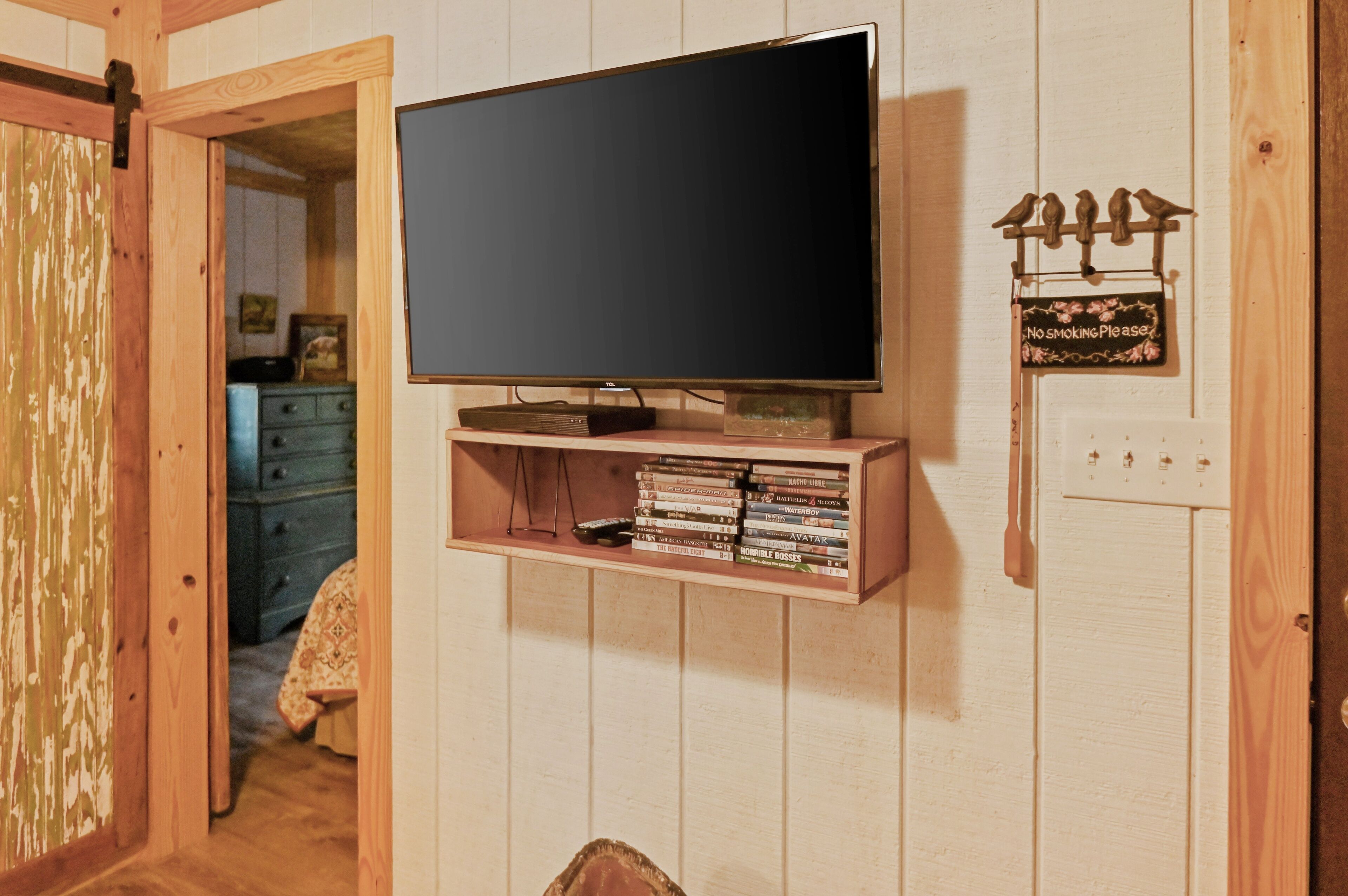 Ein Fernseher an einer Holzwand montiert, darunter ein Regal mit mehreren DVDs.