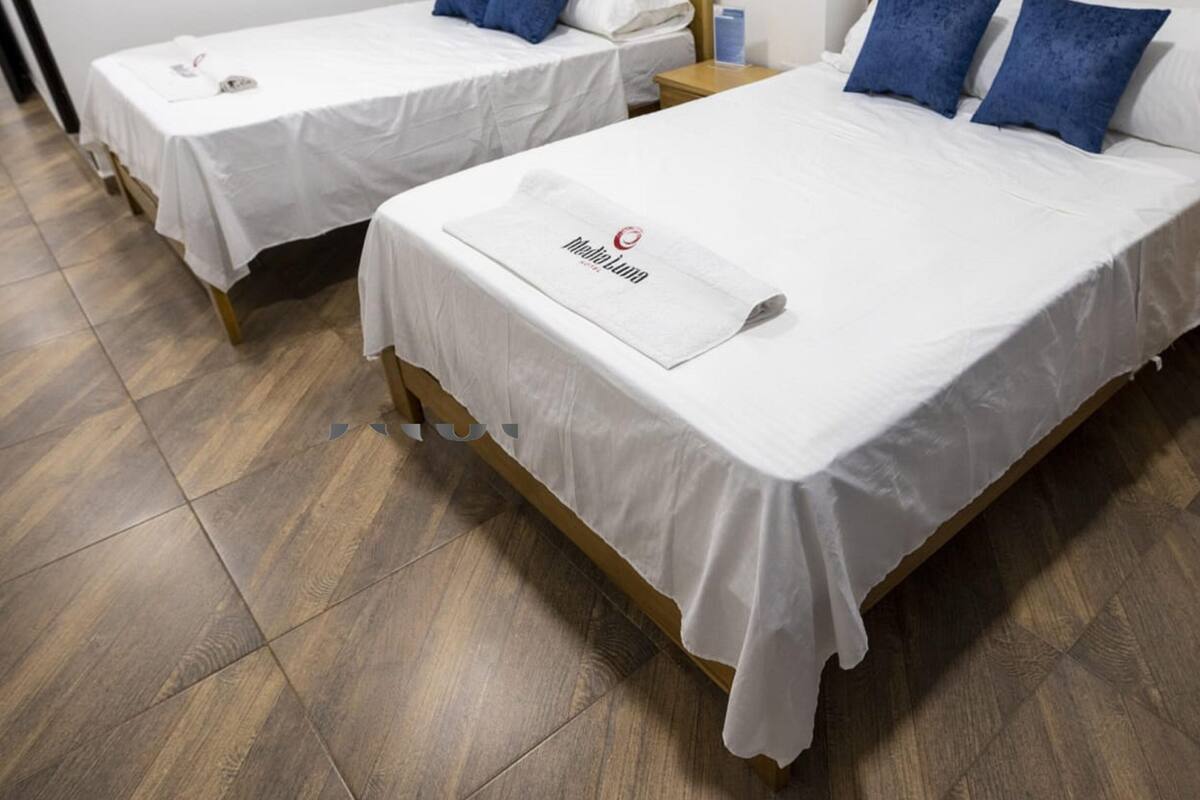 Habitación de hotel con dos camas individuales, cada una con cubrecama blanco y almohadas azules.