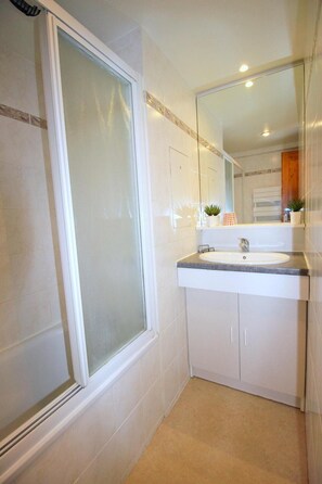 Bathroom features a large shower enclosure, white vanity, and sink area with a mirror above.