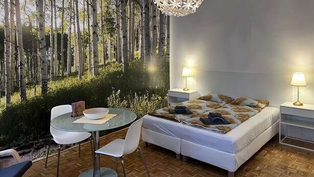 Makuuhuoneessa on sänky, kaksi yöpöytää, joissa on lamput, lasipöytä tuoleineen sekä seinällä metsäaiheinen seinämaalaus.