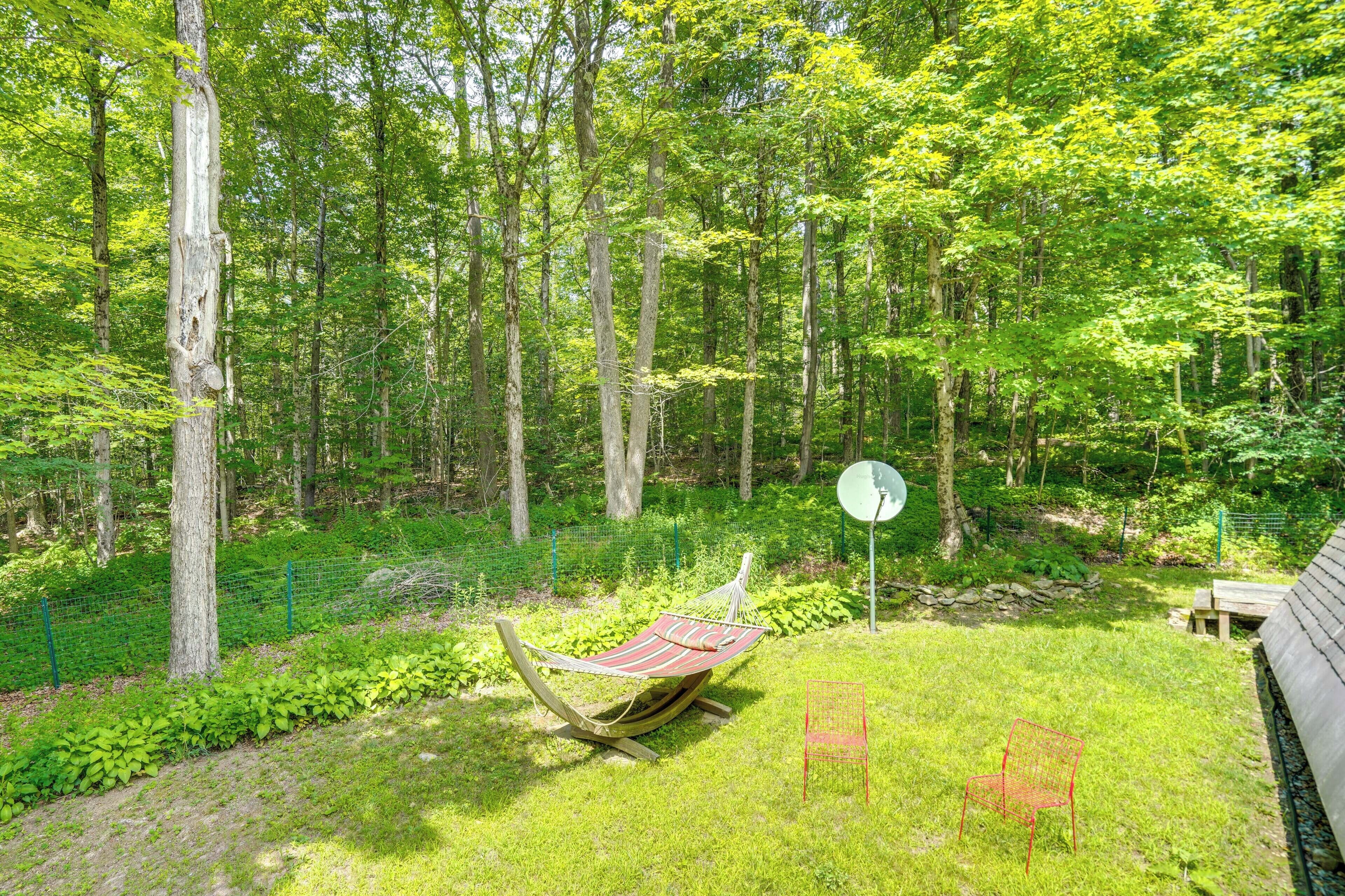 Un hamac installé dans un espace herbeux, entouré d’arbres.