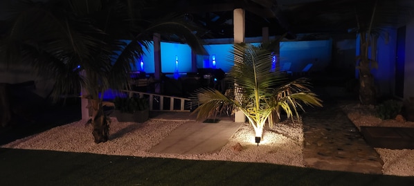 A nighttime outdoor area with palm trees, a pathway, and a seating area with blue lighting.