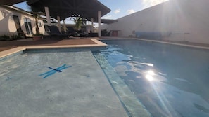 A swimming pool with a dragonfly design, lounge chairs, and a covered patio area.