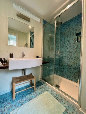 Shower, towels, toilet paper