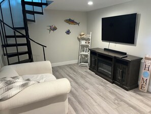 Smart TV, fireplace, books
