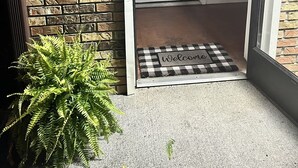 Una puerta con felpudo, planta en maceta y pared de ladrillo.