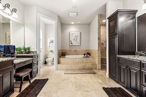 Shower, jetted tub, hair dryer, towels