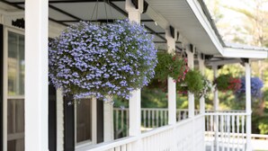 Eine Veranda mit hängenden Blumenkörben.