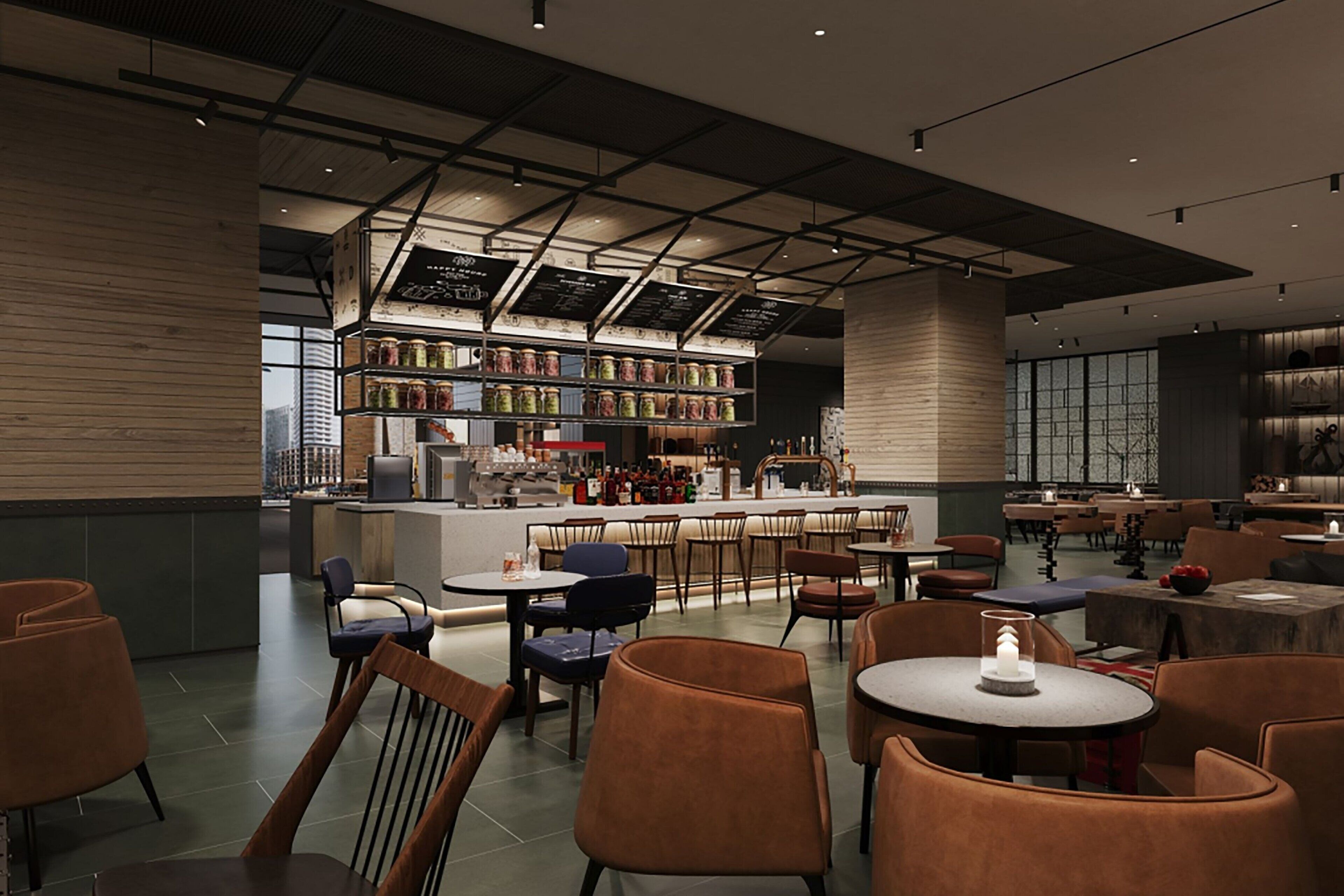 A modern restaurant with a bar area, seating arrangements, and a view of the city.