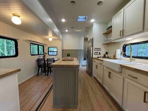 Fridge, coffee/tea maker, cookware/dishes/utensils - Discover Pine Haven Retreat—a modern farmhouse camper in Hochatown/Broken Bow (Broken Bow)