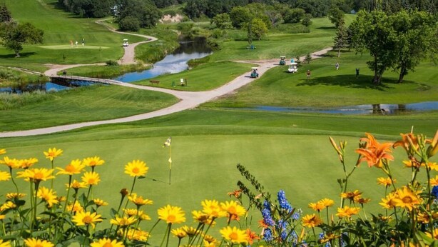 Un campo de golf con un obstáculo acuático, un puente y una bandera en el green.