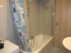 Hair dryer, bidet, towels, soap