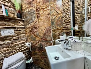 Shower, hair dryer, bidet, towels