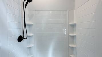 Hair dryer, towels, soap, shampoo