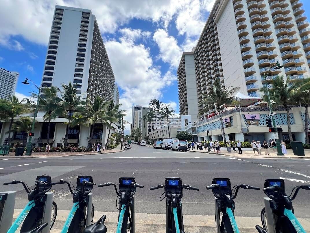 A street view with high-rise buildings, parked bicycles, and palm trees.