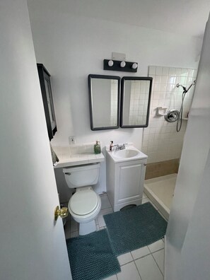 Hair dryer, towels, soap, shampoo