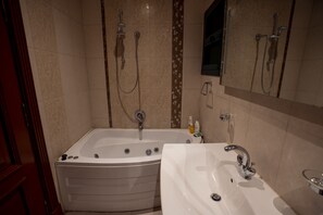 Hair dryer, towels, soap, shampoo