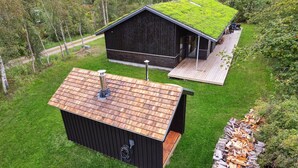 A wooden cabin with a green roof and a separate shed with a shingled roof. - Gorgeous home in Højby with sauna (Højby)