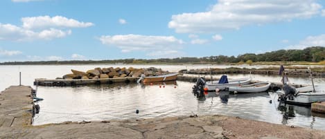 Un lago tranquilo con barcos amarrados en un muelle, rodeado de un paisaje natural.
