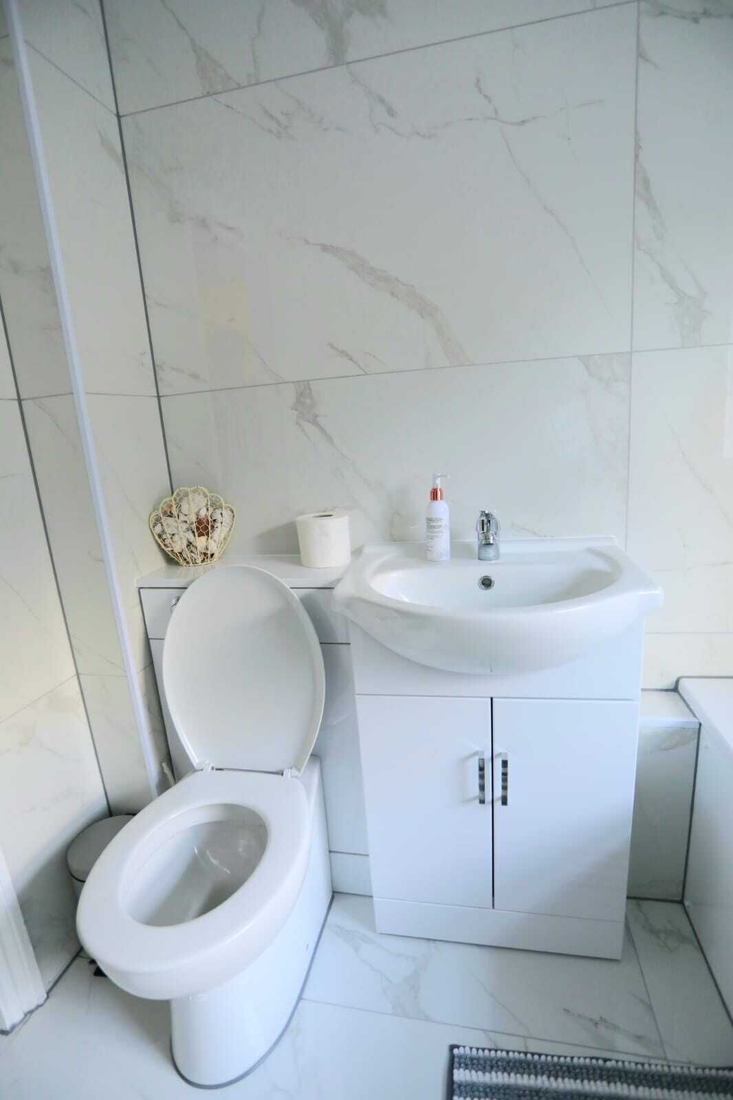 Ein Badezimmer mit Toilette, Waschbecken und Schrank.