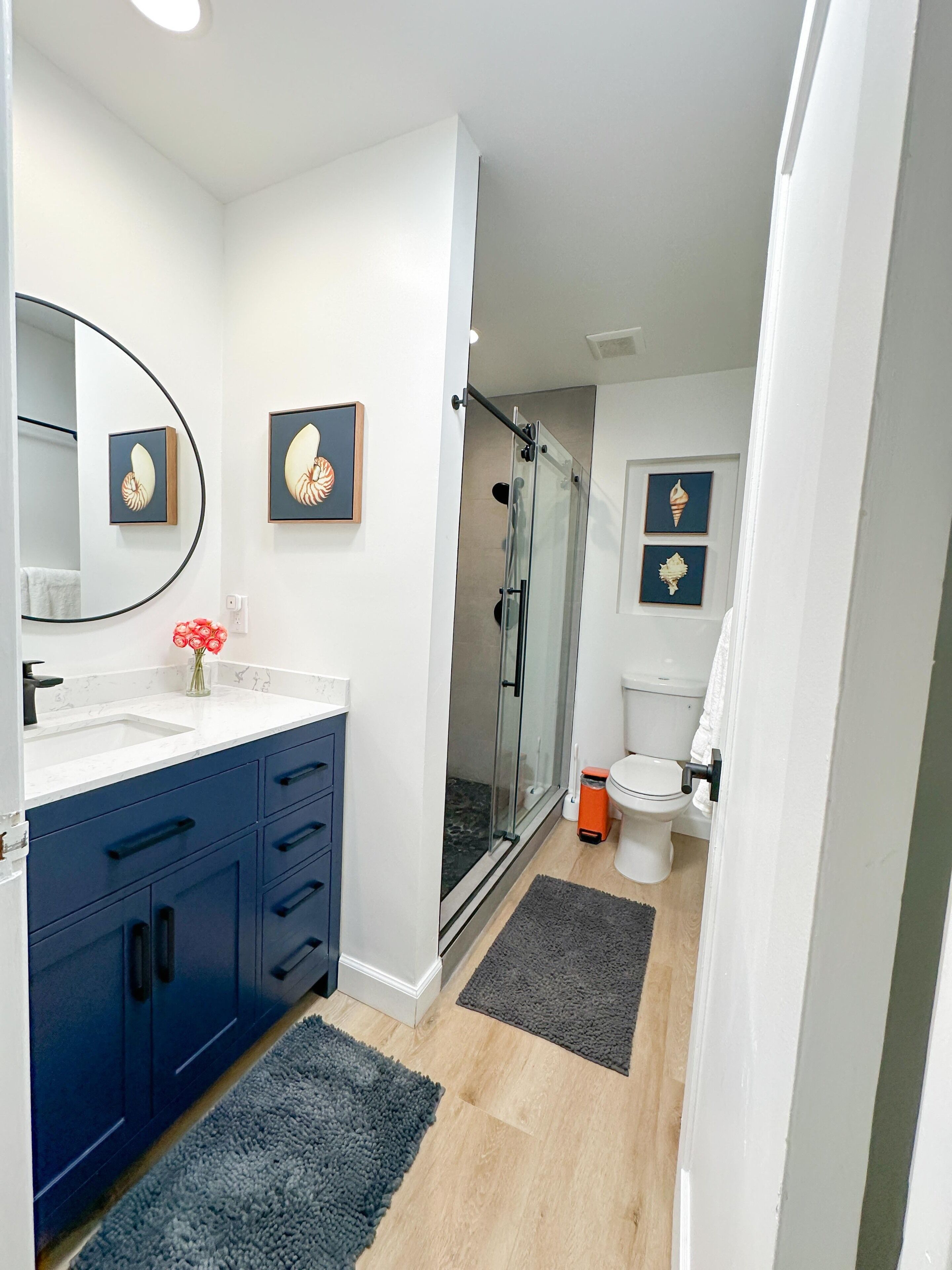 Shower, hair dryer, towels, shampoo