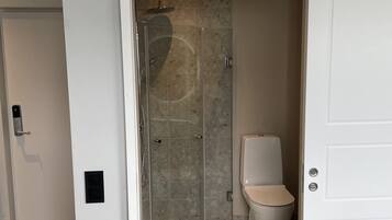 A modern bathroom with a glass-enclosed shower, a toilet, and a white door.