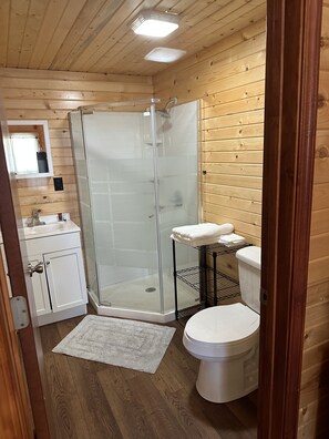 Shower, towels, soap, shampoo