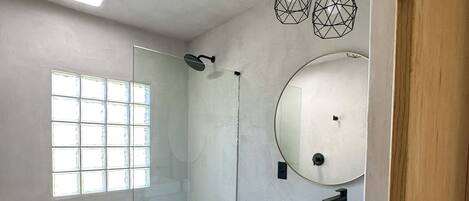Hair dryer, towels, soap, toilet paper