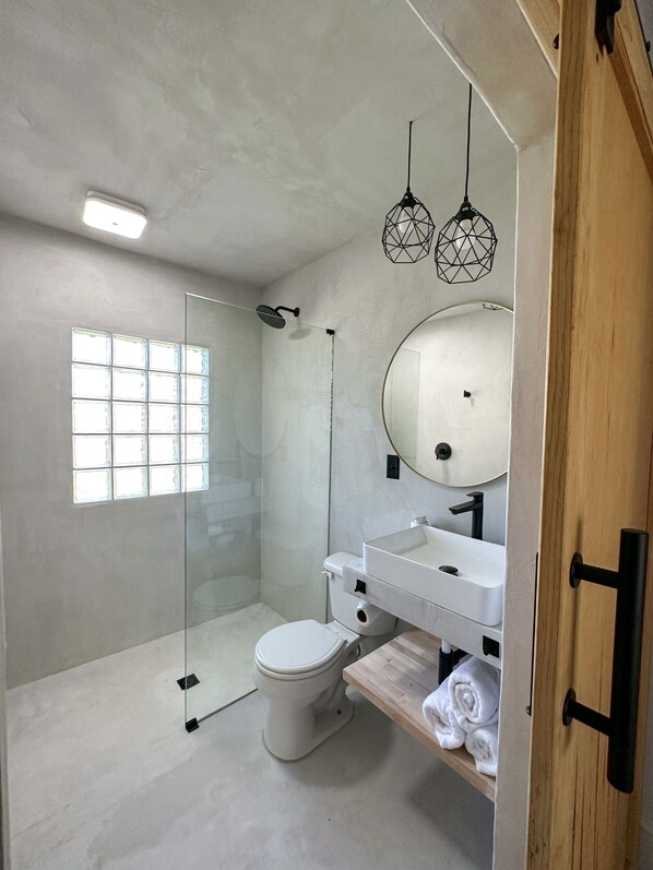 Secadora de cabello, toallas, jabón, papel de baño 