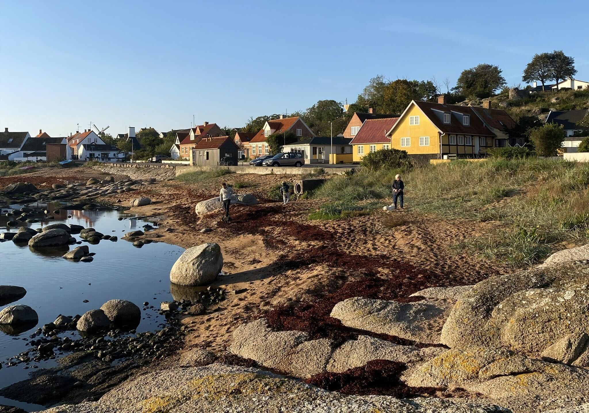 Eine Küstenlandschaft mit Häusern, einem Sandstrand und ruhigem Wasser.