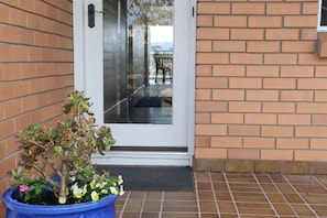 A potted plant with various flowers in front of a door.
